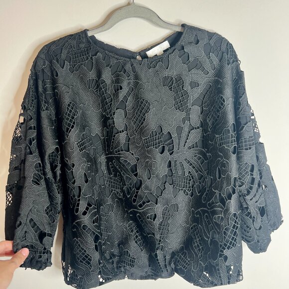 Anthropologie Eri + Ali Lace Overlay Blouson Sleeve Boxy Top Minimalist Preppy M - Picture 4 of 6
